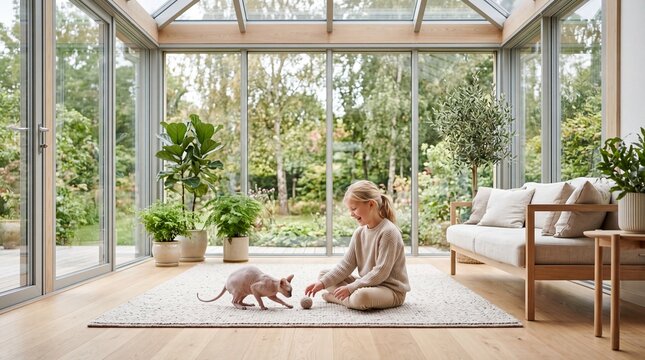 Scandinavian Child and Sphynx Cat in Modern Glass Solarium