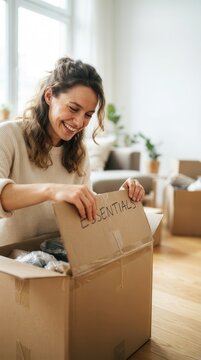 A Cheerful Woman Joyfully Unpacking Essential Belongings in Cardboard Boxes While Settling Into Her New Bright and Airy Home During a Moving Process