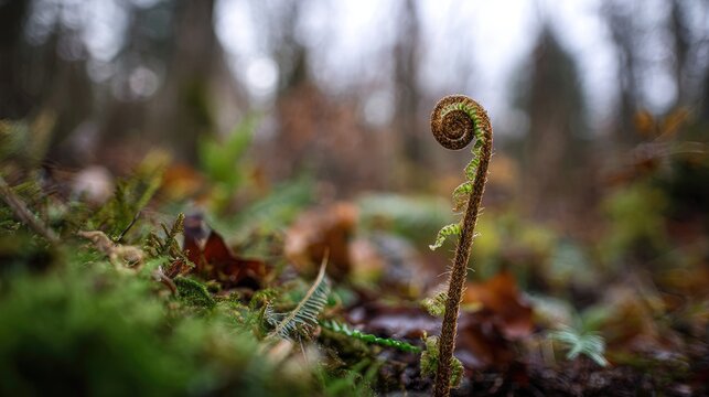 Involute fern fiddlehead in forest moss, growth and nature renewal concept