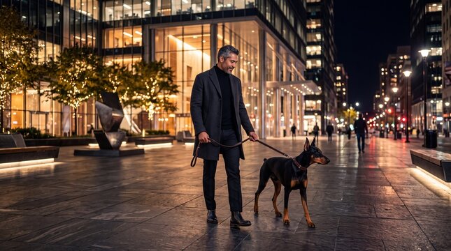 Sophisticated Mixed-Ethnicity Man and Doberman
