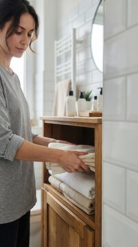 Woman organizing soft cotton towels in a minimalist wooden bathroom cabinet
