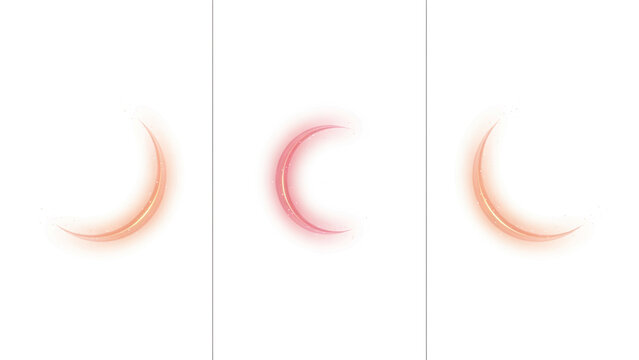 Three glowing crescent moon shapes with soft pink and orange light on a plain white background