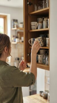 In a sunlit kitchen as a woman selects a ceramic mug from wooden shelves