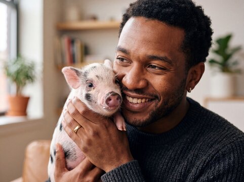 Young African-American Man and Mini Pig