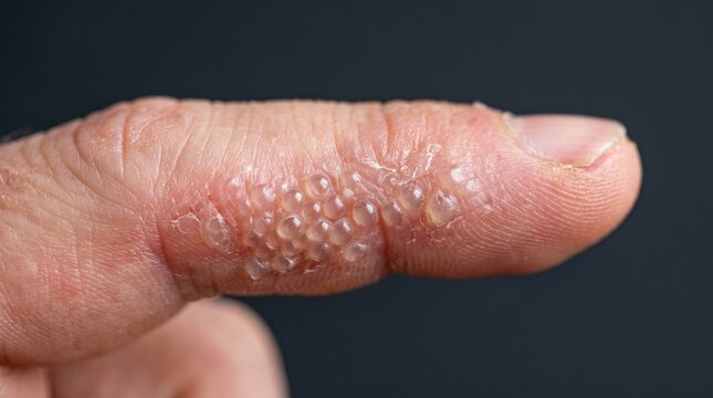 Cluster of dyshidrotic eczema blisters on human finger skin