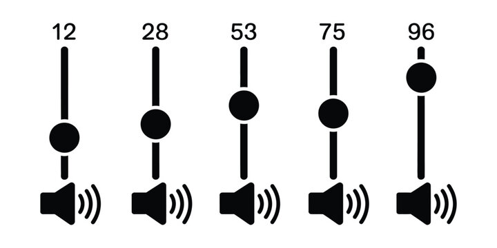Volume control icon set vector on white background for sound levels, audio indicators, music, speakers, volume adjustment, and digital interface design