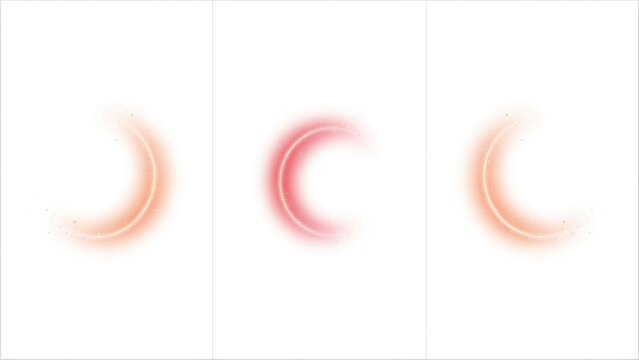 Three glowing crescent moon shapes with soft pink and orange light on a plain white background