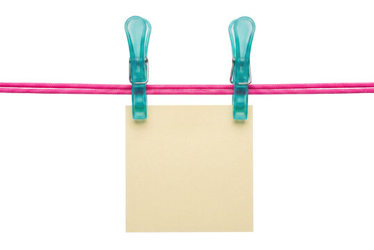 Blank Yellow Memo Paper Hanging on Pink Clothesline with Blue Pegs
