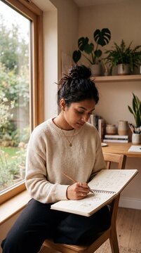 Young South Asian Woman Sketching in Sunlit Studio