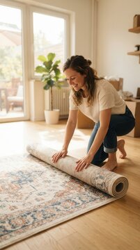 Woman unrolling a beautiful patterned rug in her bright sunlit living room as she settles into a new home creating a cozy domestic space