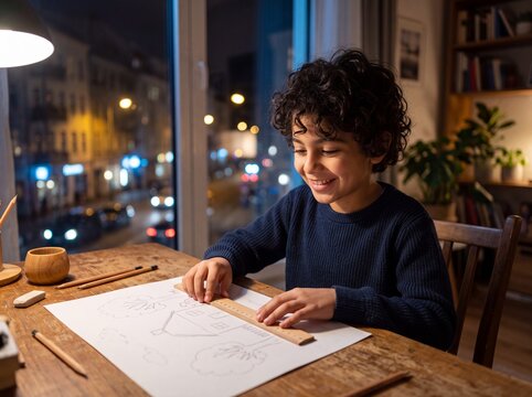 Cheerful Middle Eastern Boy with Ruler in City Apartment