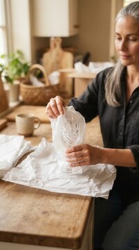 Woman Carefully Wrapping Delicate Crystal Glassware in Soft Tissue Paper for Safe Storage or Moving Within a Warm and Serene Kitchen Setting