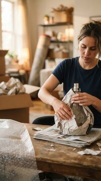 A Thoughtful Woman Carefully Wrapping Fragile Household Items in Newspaper for a Smooth Relocation Process During a Major Life Transition at Home