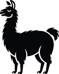 Naklejka premium Black llama silhouette standing in side profile, stylized alpaca vector icon isolated on a white background representing a simple domestic farm animal