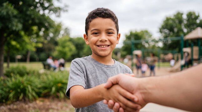 Authentic POV Handshake with Cheerful Hispanic Boy