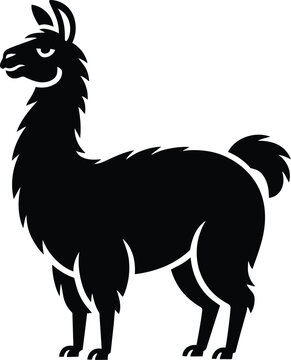 Black llama silhouette standing in side profile, stylized alpaca vector icon isolated on a white background representing a simple domestic farm animal