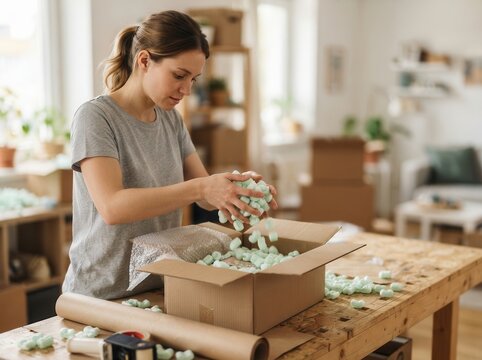 A Diligent Woman Carefully Packing Fragile Items into a Cardboard Box