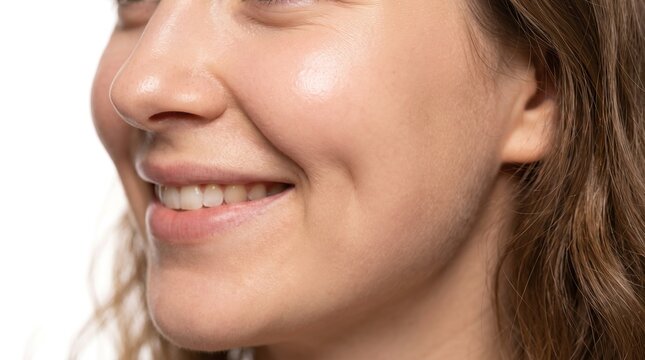 Close-up of smiling woman showing clean skin texture and cheek dimple