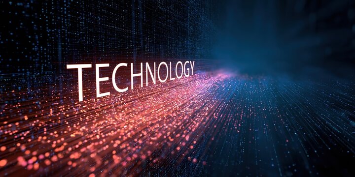 Abstract glowing digital technology data stream with futuristic word TECHNOLOGY