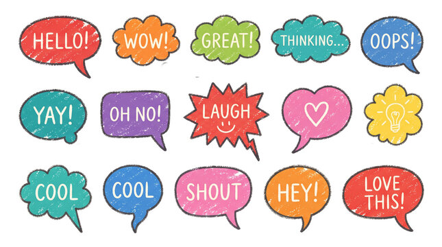 Set of colorful hand-drawn speech bubbles with various expressions and text such as hello, wow, great, thinking, oops, yay, oh no, laugh, cool, shout, hey, and love this isolated on white ba