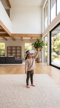 Young East Asian Girl Exploring Virtual Reality in Modern Minimalist Interior