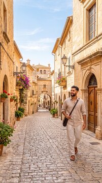 Young Middle Eastern Man Exploring Sun-Drenched Historic Old Town