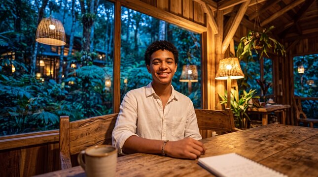 First-Person POV of Stylish Teenager in Cozy Rainforest Eco-Lodge