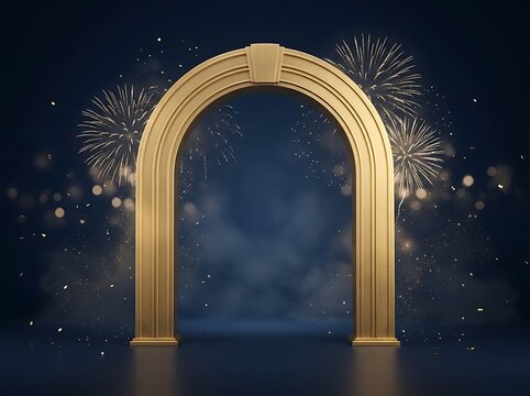 A luxury golden archway surrounded by bright fireworks and festive glowing confetti particles for a celebration backdrop