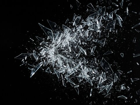 Shattered glass shards exploding against a dark background, high-speed photography of breaking glass