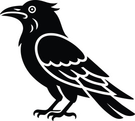 Naklejka premium Stylized black raven icon standing on a white background, bold graphic vector illustration of a wild crow with detailed feather patterns and sharp beak