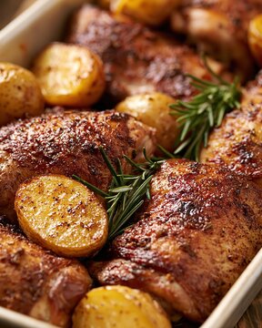Close-up of perfectly roasted chicken thighs and golden potatoes with rosemary sprigs in a baking dish