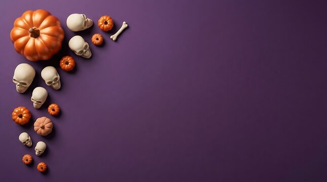 Flatlay composition of miniature pumpkins and human skulls on a purple background for halloween celebration design