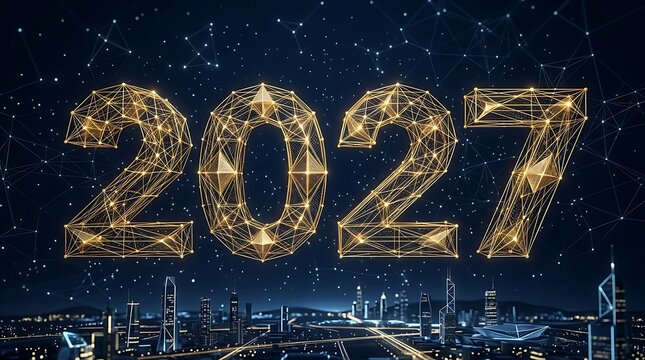 Glowing gold digital wireframe numbers 2027 floating over a modern futuristic night city skyline background