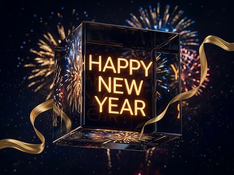 Glowing happy new year text inside a glass cube with golden ribbon against a dark background with fireworks