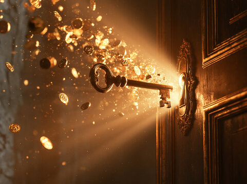 Antique key golden coin glowing light unlocking ornate door vintage mysterious fantasy treasure hope. Antique key unlocking ornate door with glowing light and golden coins flying creating