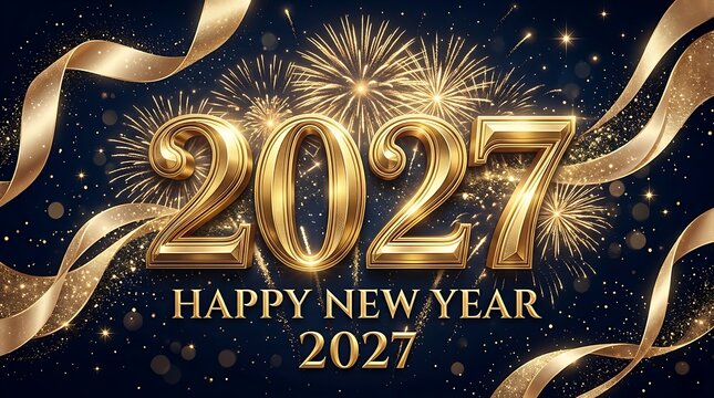 Golden 2027 happy new year greeting card design with fireworks and flowing ribbons