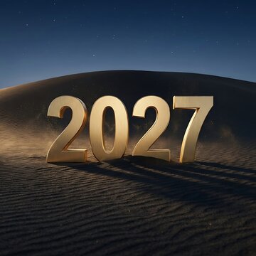 Golden metallic 2027 year digits standing on a dark sandy desert landscape at night