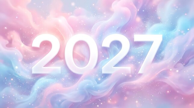 Happy New Year 2027 banner with pastel soft smoke and glowing particles background