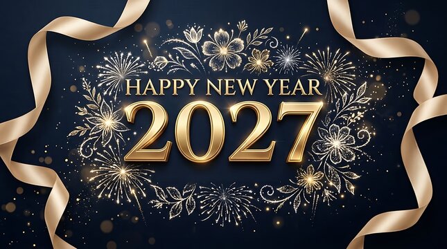 Happy New Year 2027 elegant gold text with floral fireworks and flowing ribbons on a dark background
