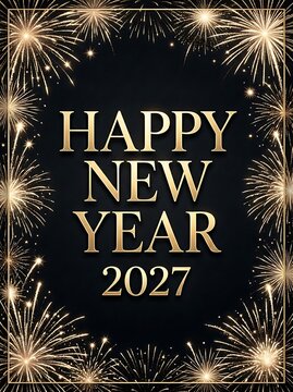 Happy New Year 2027 elegant gold text with sparkling firework border