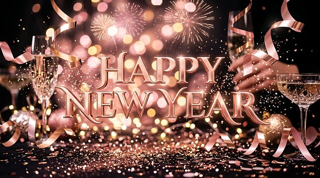 Happy New Year text with champagne glasses and festive gold decorations on a dark bokeh background