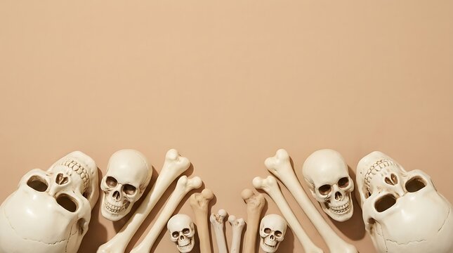 Human skulls and scattered bones arranged on a light brown background with space for text