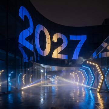 Modern glass building facade decorated with illuminated 2027 new year sign and glowing geometric neon light arches