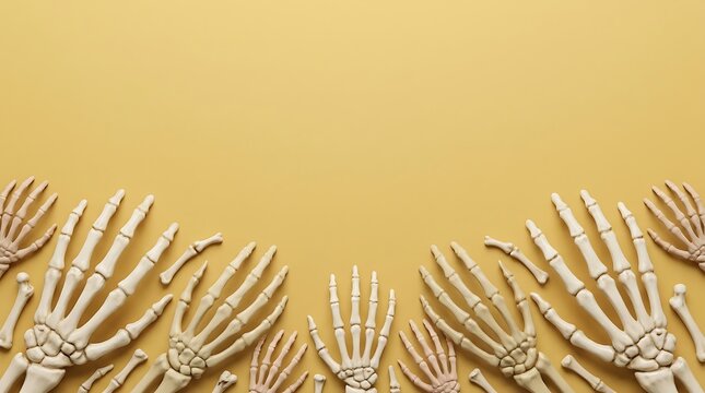 Multiple human skeletal hands arranged on a solid light yellow background