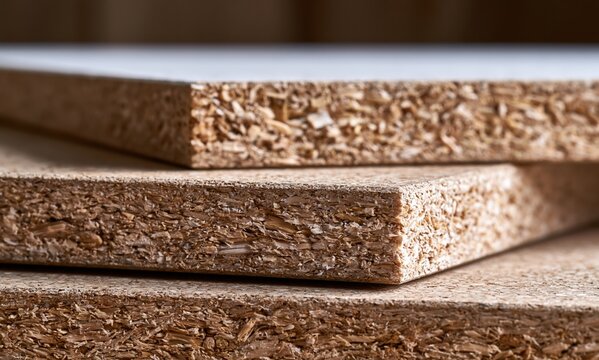 Close-up of stacked composite wood particle boards, showing textured layers and raw material construction