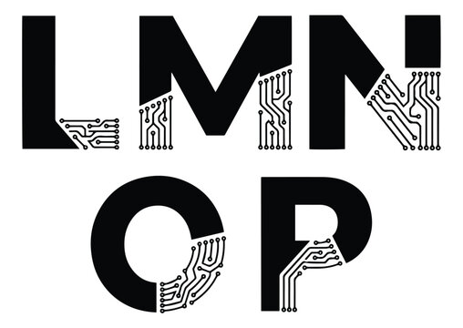Futuristic letters L, M, N, O, and P combined with electronic circuit board lines, creating a geometric technology alphabet set for digital and engineering concepts.