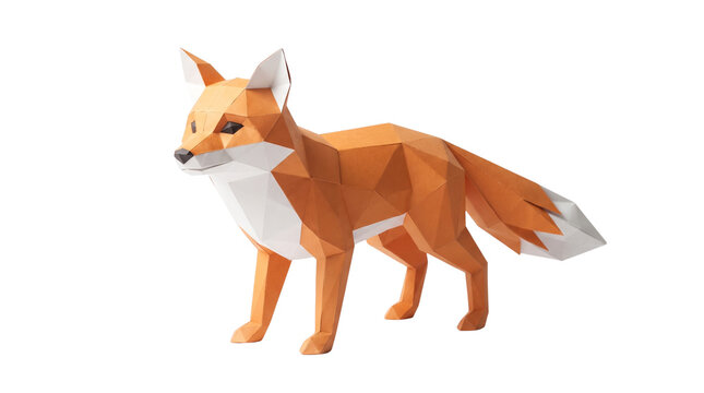 Low poly fox sculpture on white background. Geometric orange fox 3D model. Minimalist papercraft animal art for creative design.