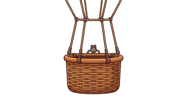 A detailed illustration of a woven wicker basket for a hot air balloon, featuring sturdy rope rigging and a classic vintage aesthetic for travel or adventure designs.