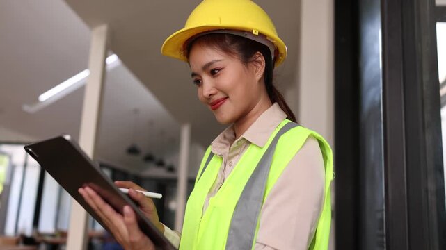 Asian female engineer or architect using a tablet with safety vest and hard hat at a construction site.