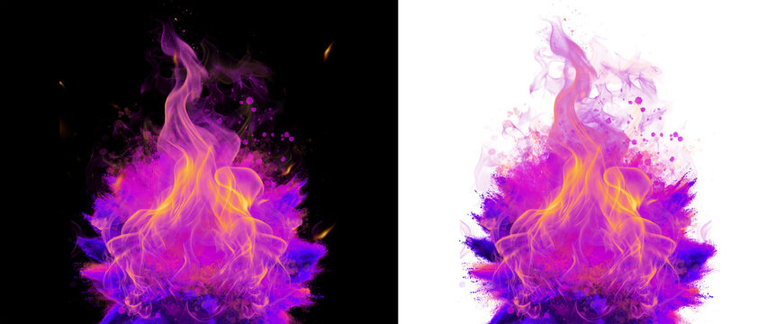 Abstract intense purple and orange fire flame pillar isolated on transparent background